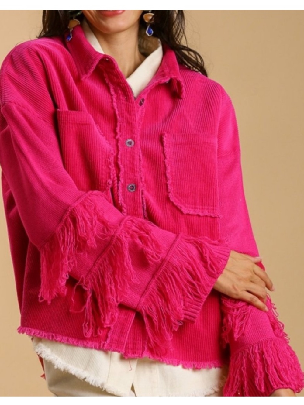 Umgee Fringe-Sleeve Corduroy Shacket